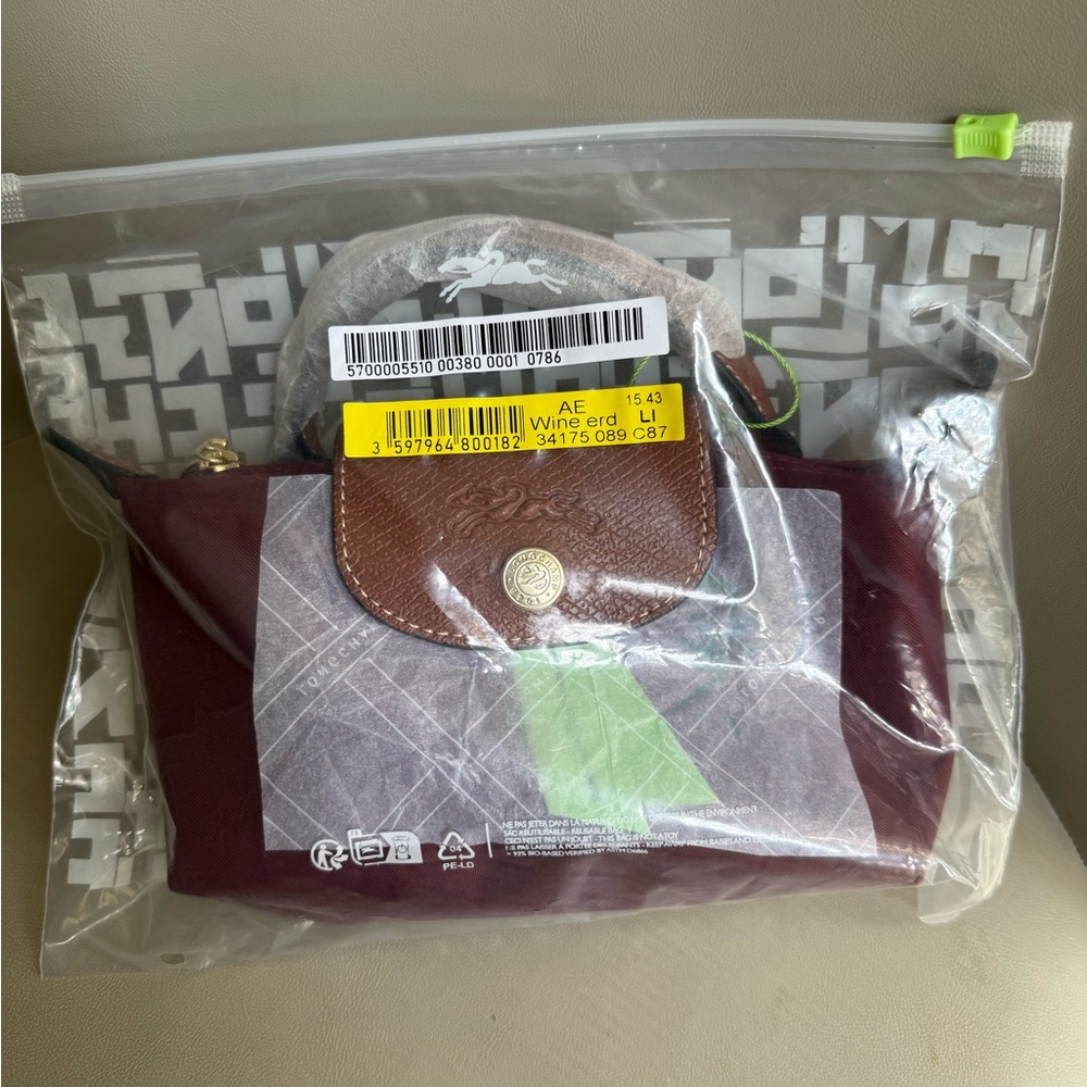 Longchamp Mini Le Pliage Top-Handle Bag in Burgundy with Brown Flap - Picture 5 of 5